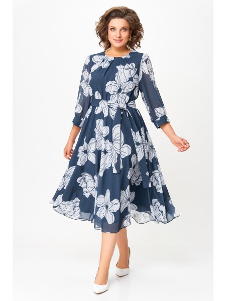 870 дымчато-синий, принт белые цветы